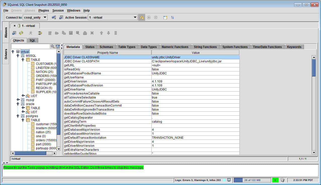 A Data Virtualization in SQuirreL SQL with Databases MySQL, Oracle, PostgreSQL, and Microsoft SQL Server