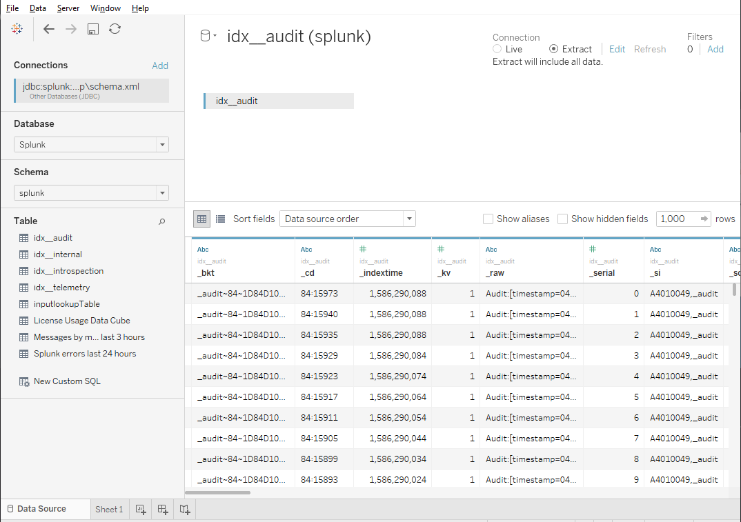 Tableau Splunk JDBC Data Source